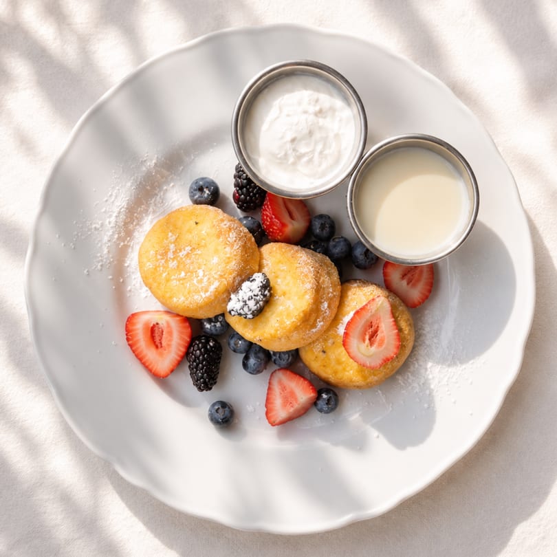 Three golden pancakes with powdered sugar, fresh berries, and two dipping sauces on a white plate.