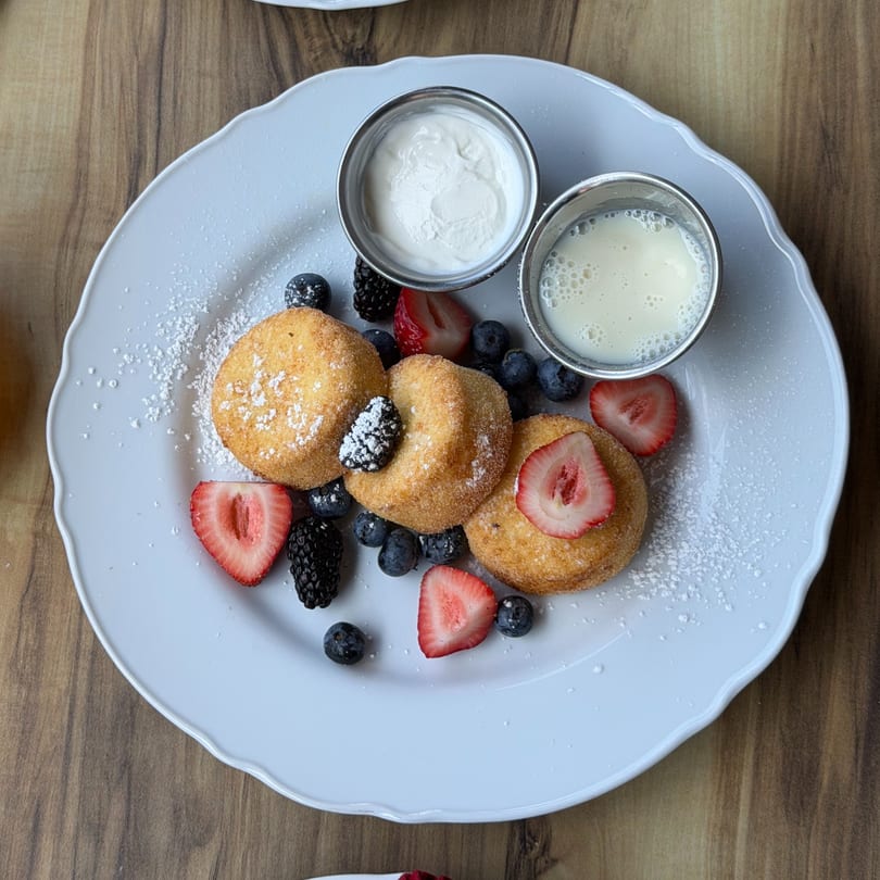 Three golden-brown donuts dusted with powdered sugar, surrounded by fresh berries and two dipping sauces.