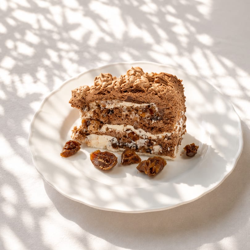 Slice of chocolate cake with cream layers and dried fruit, on a white plate with dappled sunlight.