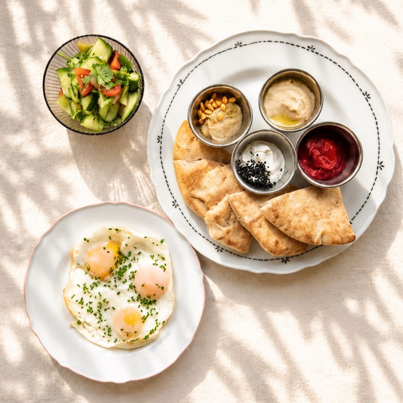 Breakfast spread with fried eggs, pita bread, various dips, and a cucumber tomato salad.