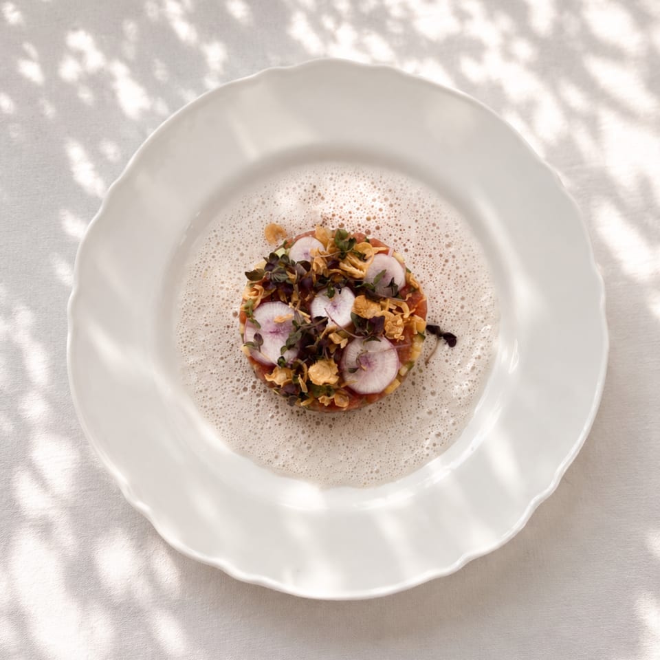 A gourmet dish with radishes, herbs, and crispy elements on a white plate with foam.