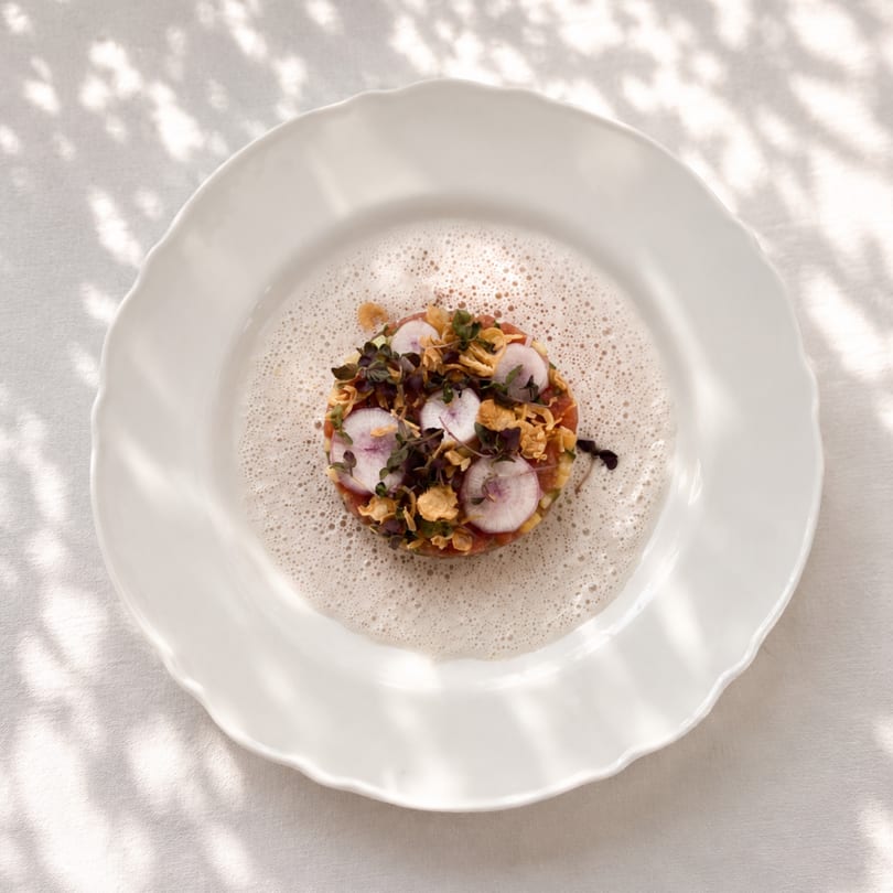 A gourmet dish with radishes, herbs, and crispy elements on a white plate with foam.