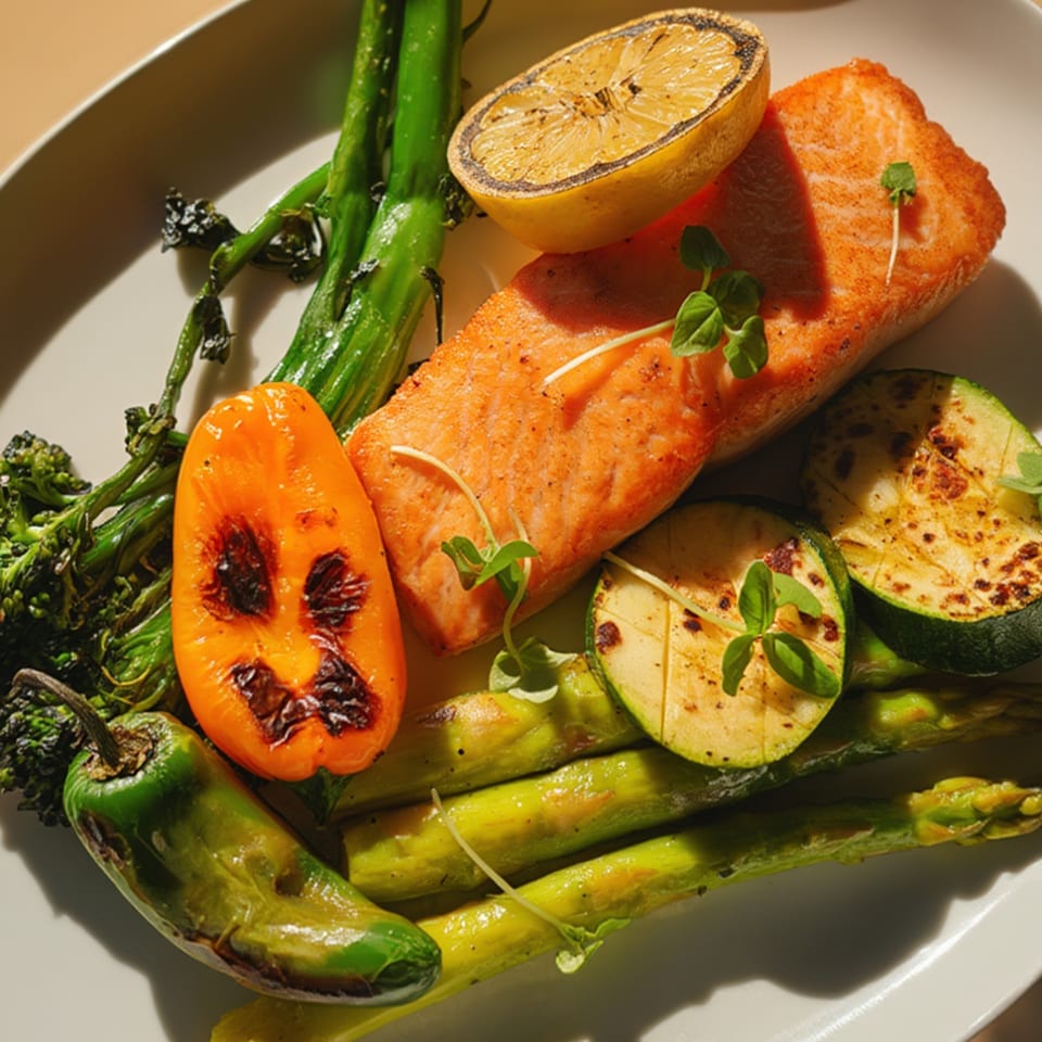 Grilled salmon with asparagus, broccolini, zucchini, bell pepper, and a lemon half on a white plate.