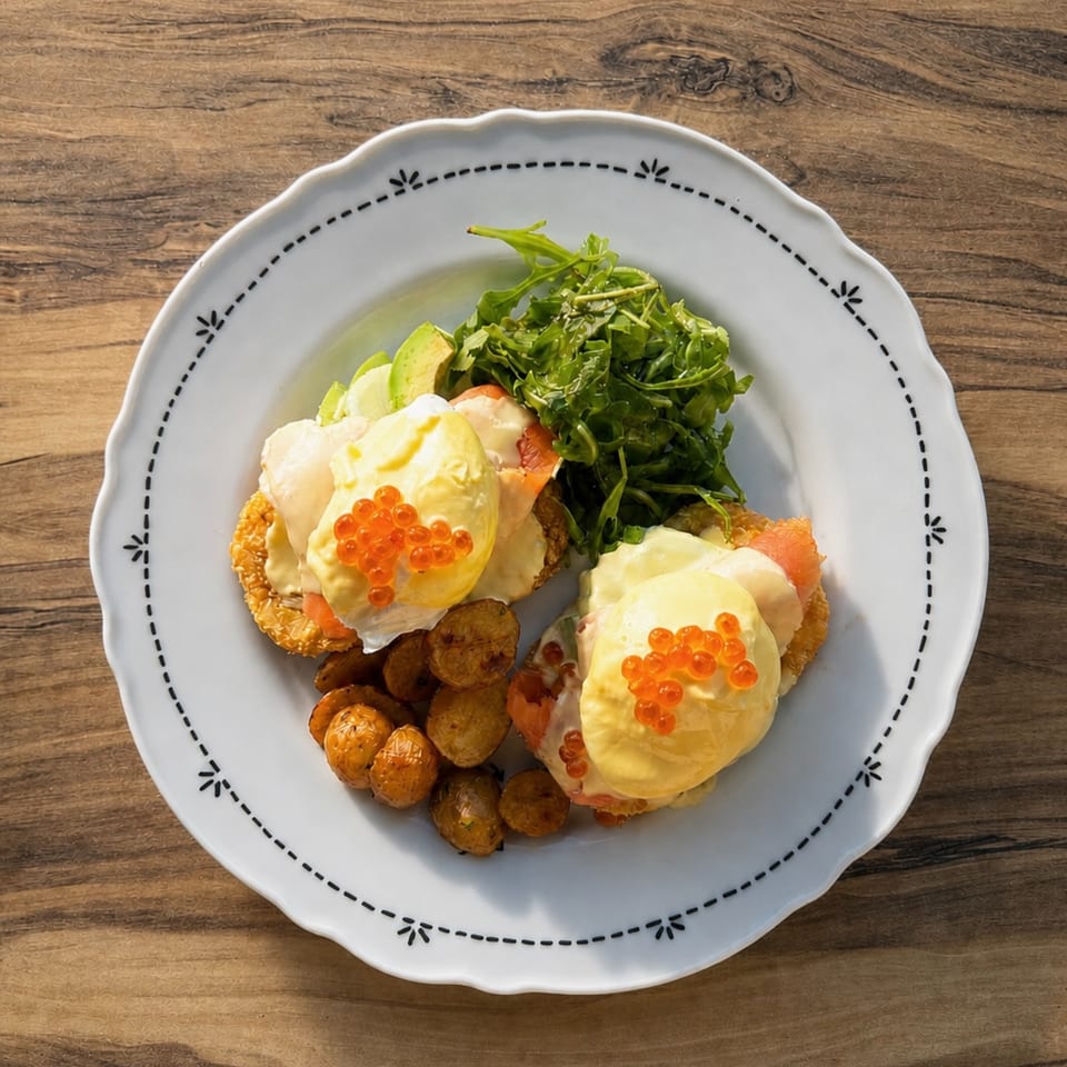 Eggs Benedict with salmon, avocado, arugula, roasted potatoes, and red caviar on a white plate.